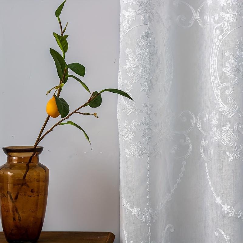 1pc White Embroidered Sheer Cu - Yarn Home Decor review and price
